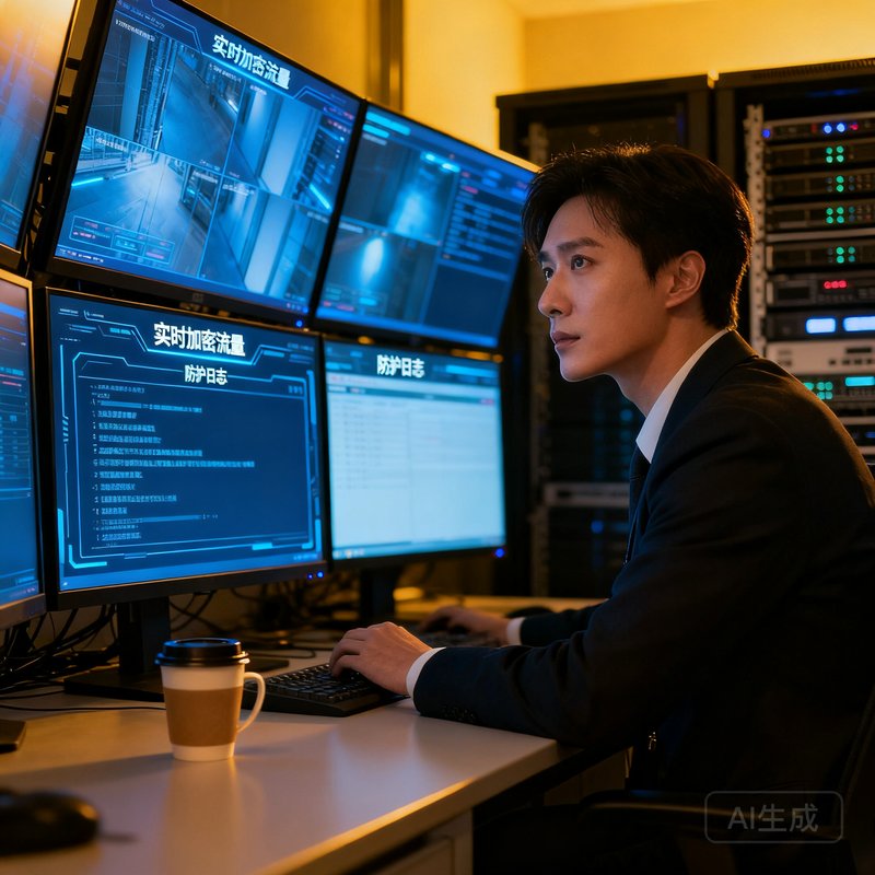 王思涵，华体会安全架构总监，专注盯着多块安全监控屏幕，屏幕上显示实时加密流量与防护日志。